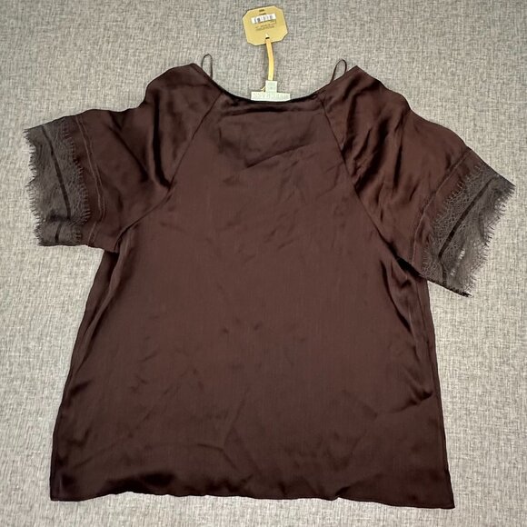 NEW Ryegrass Silky Top Brown Lace Sleeves Round Neck $60 Small Blouse Semi-sheer - Picture 9 of 10